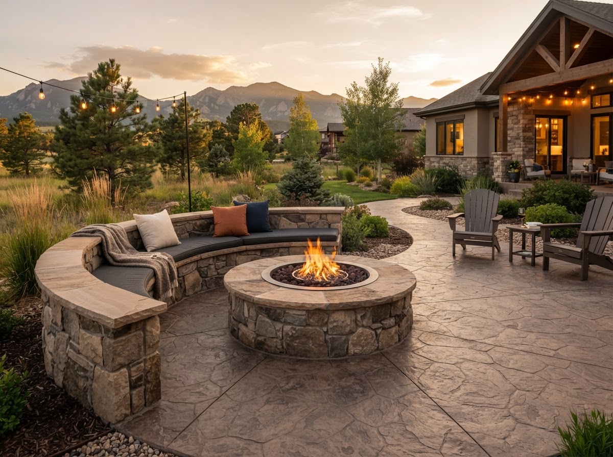 Custom stone fire pit with seating wall