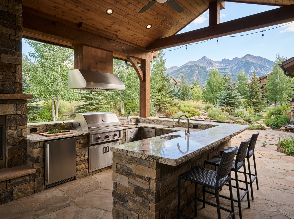 Outdoor kitchen with built-in grill and bar seating